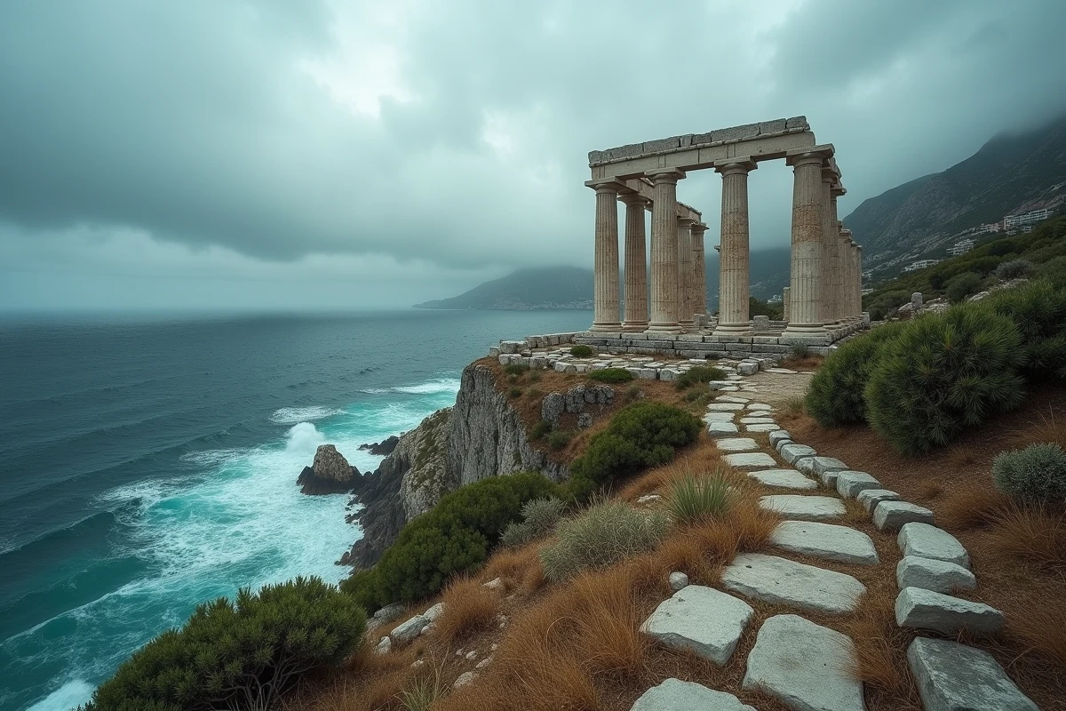 Ruines d'un temple grec antique dédié aux dieux de la mer sur une falaise battue par les vagues lors d'une tempête