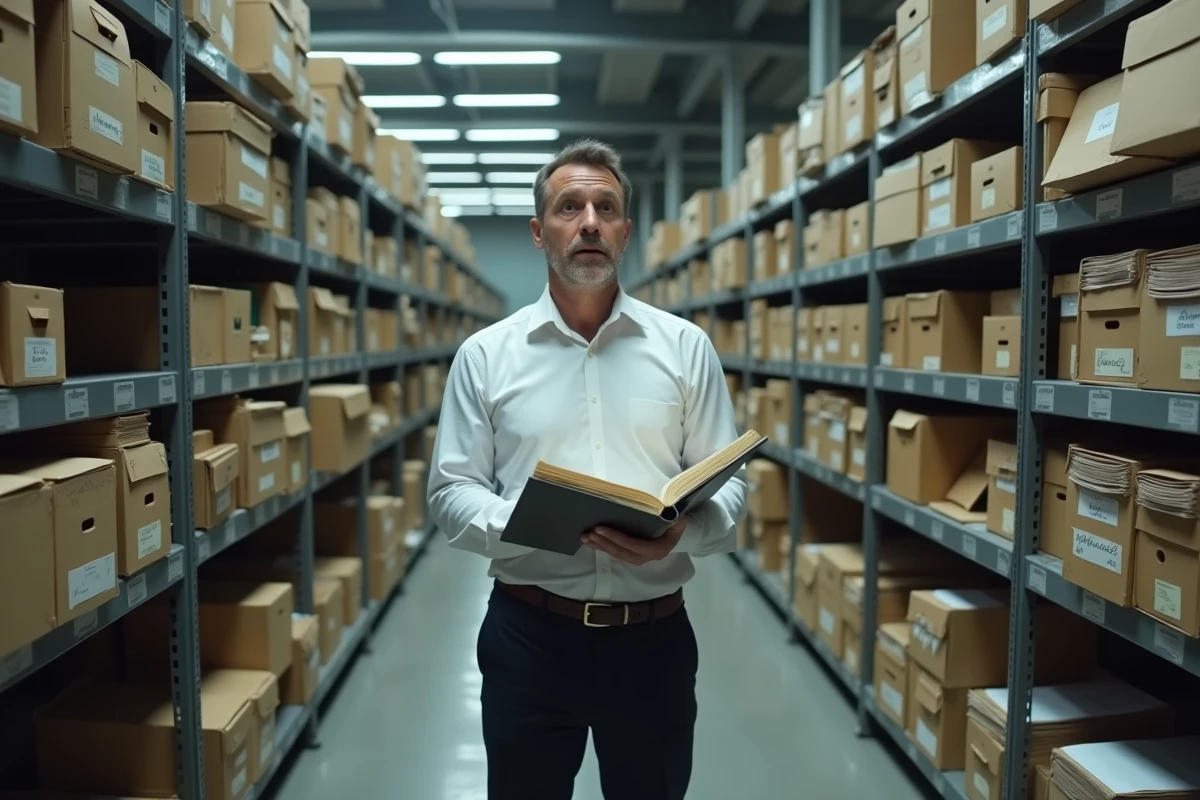 Homme débordé dans une salle d'archivage remplie d'étagères métalliques et de boîtes mal organisées, représentant les difficultés liées aux erreurs d'archivage