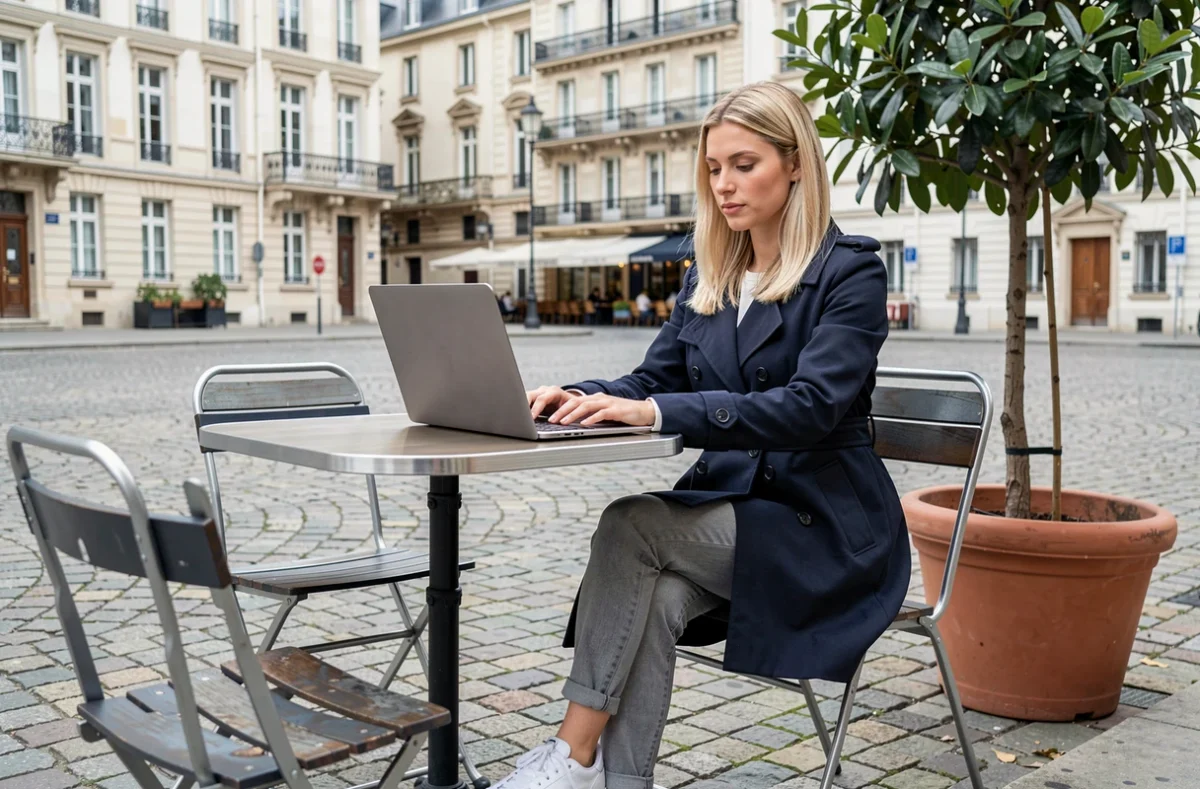 Sarah Steck travaillant sur ses photos à la terrasse d'un café dans une place de ville du Val-d'Oise