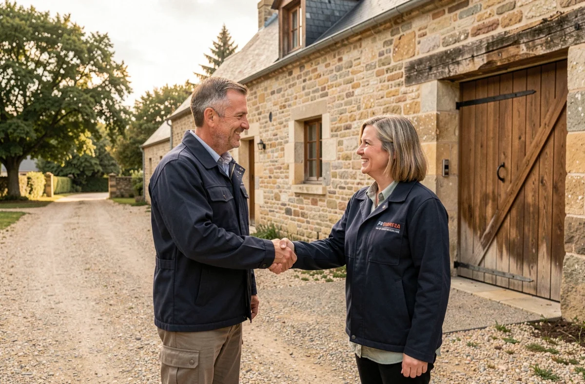 Artisan de Sas Accord Artisans serrant la main d'une cliente satisfaite devant une maison de campagne française rénovée