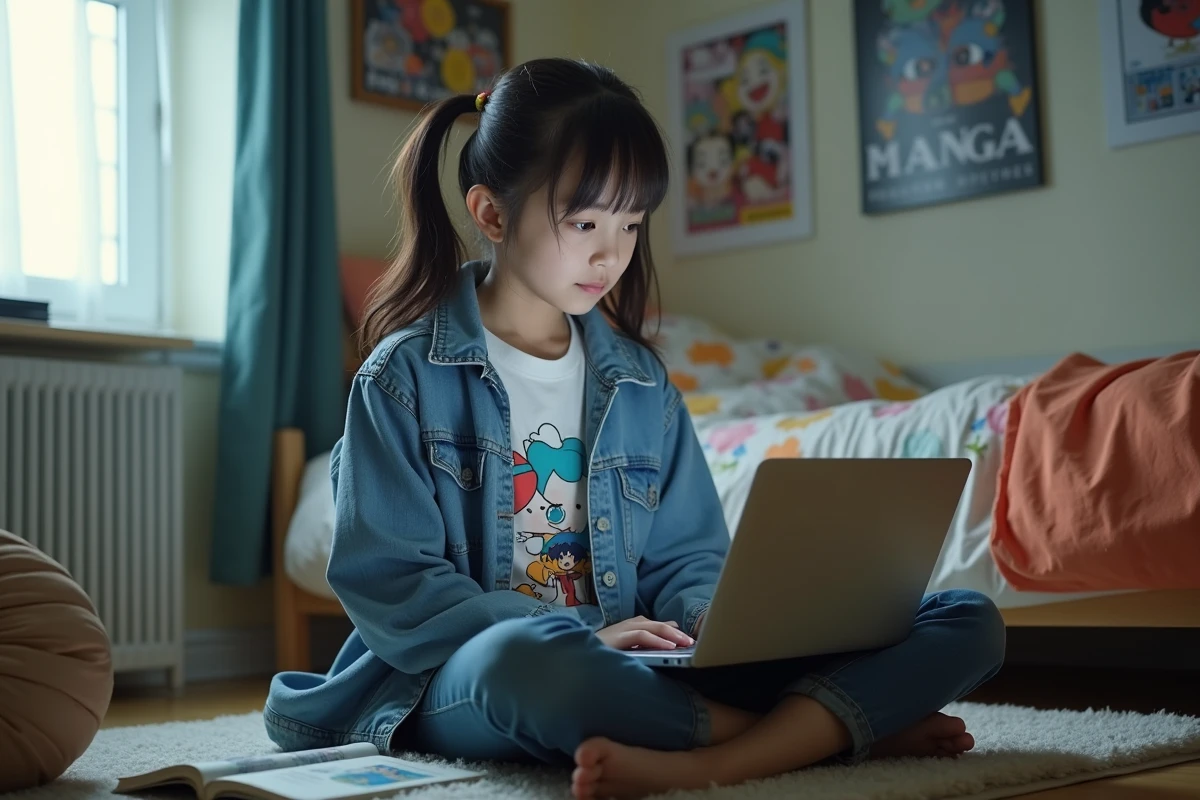 Adolescente lisant le scan One Piece chapitre 1149 en français sur un ordinateur portable dans sa chambre avec des posters d'anime