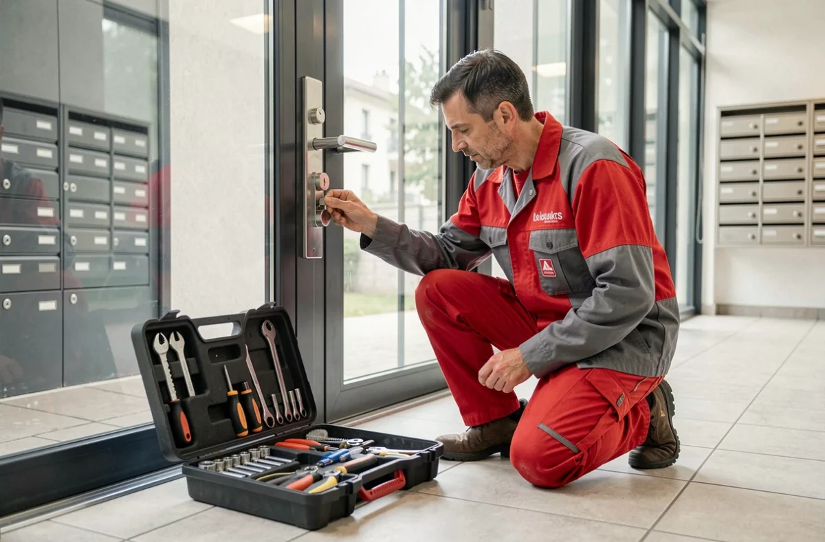Serrurier de Serrurerie AD Home Services remplaçant une serrure multipoints dans une entrée d'immeuble