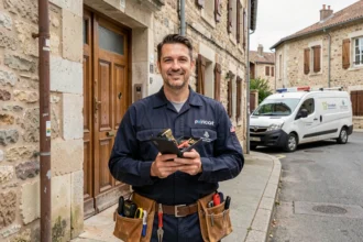 Serrurier d'urgence en uniforme devant un immeuble résidentiel dans l'Ain, illustrant le thème des meilleurs serruriers locaux