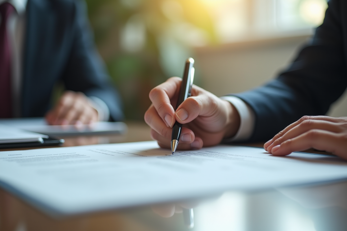 Main d’un professionnel signant un contrat légal