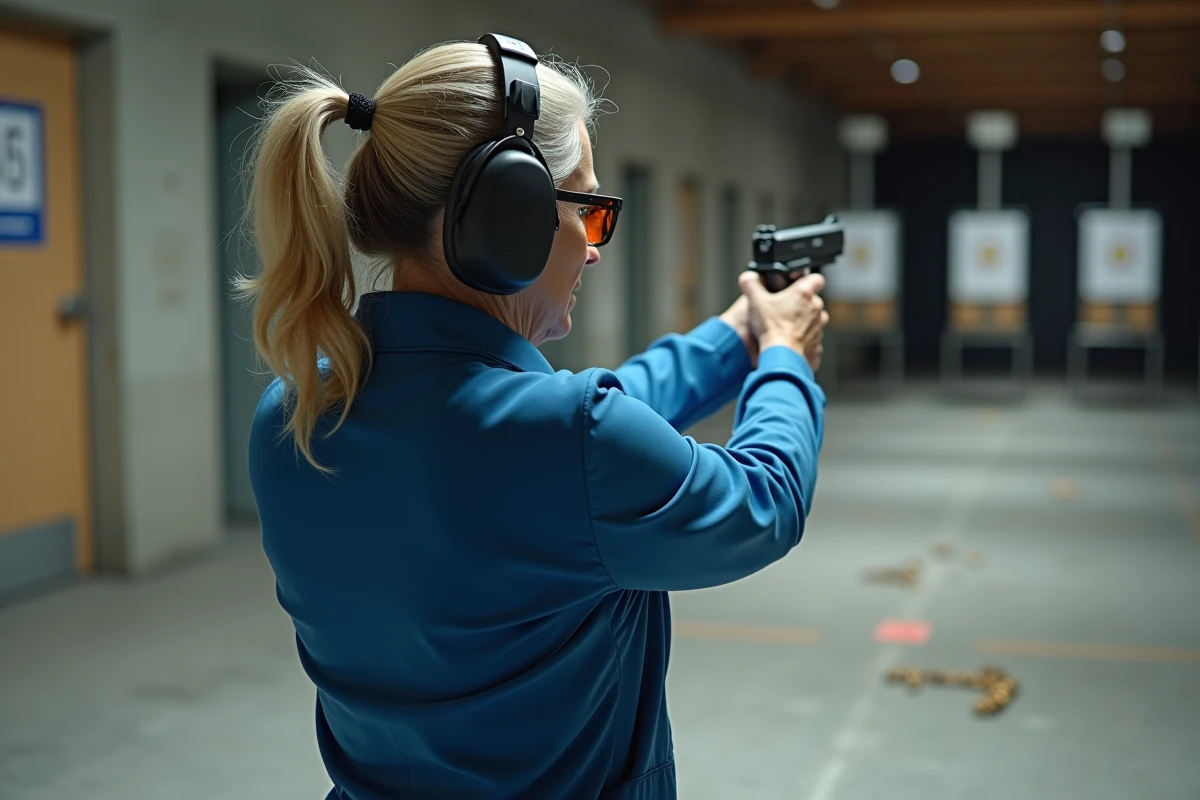 Tireuse sportive expérimentée tenant un pistolet 9mm dans un stand de tir