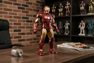 Statue Iron Man en métal détaillée posée sur un bureau en bois sombre avec des accessoires geek