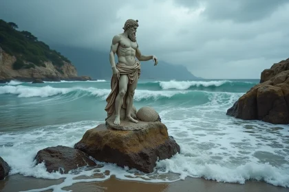 Statue grecque antique de Poséidon submergée dans les vagues d'une mer agitée sur une côte méditerranéenne rocheuse