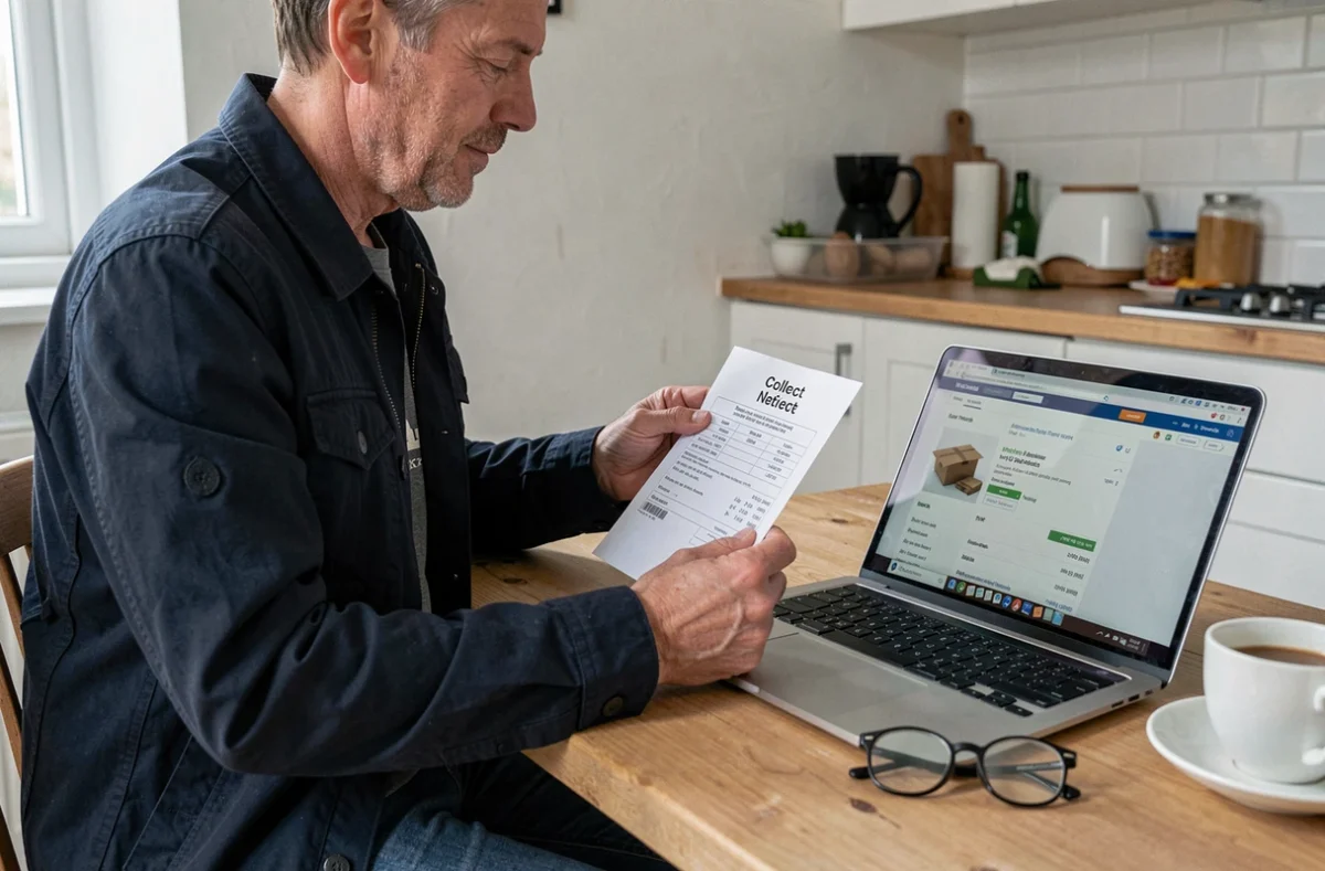 Homme consultant le suivi de colis LP Collect sur son ordinateur portable avec un avis de passage posé sur la table