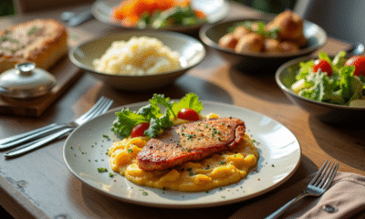 Table de dîner avec escalope milanaise et légumes colorés