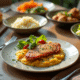 Table de dîner avec escalope milanaise et légumes colorés