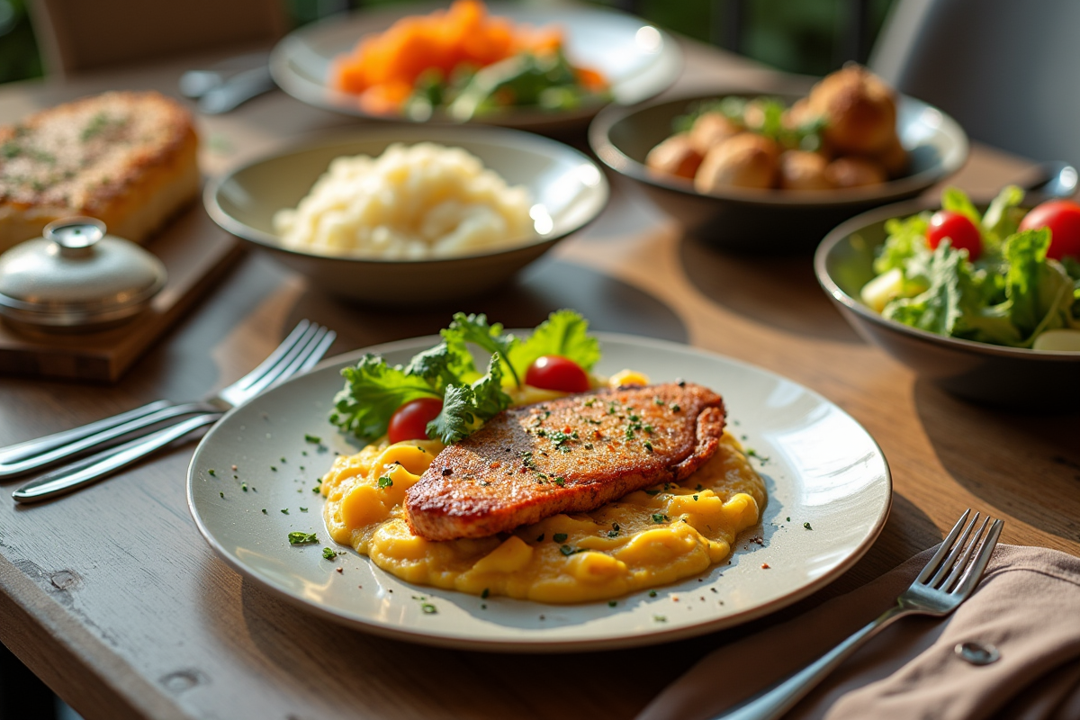 Table de dîner avec escalope milanaise et légumes colorés