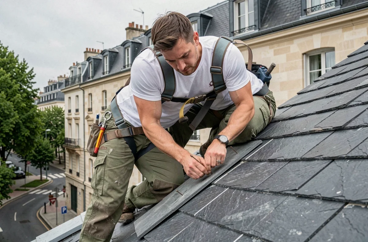 Couvreur de TCAZ fixant une ardoise sur un toit pentu d'un bâtiment résidentiel français