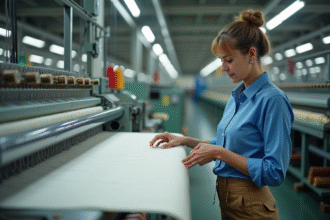 Ingénieure textile inspectant un tissu neuf en usine