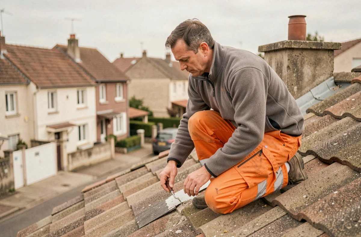 Artisan de Toiture Moreira inspectant une réparation de toiture près d'une cheminée en banlieue parisienne