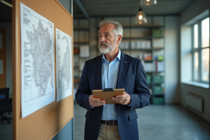Urbaniste observant des plans d'urbanisme en bureau