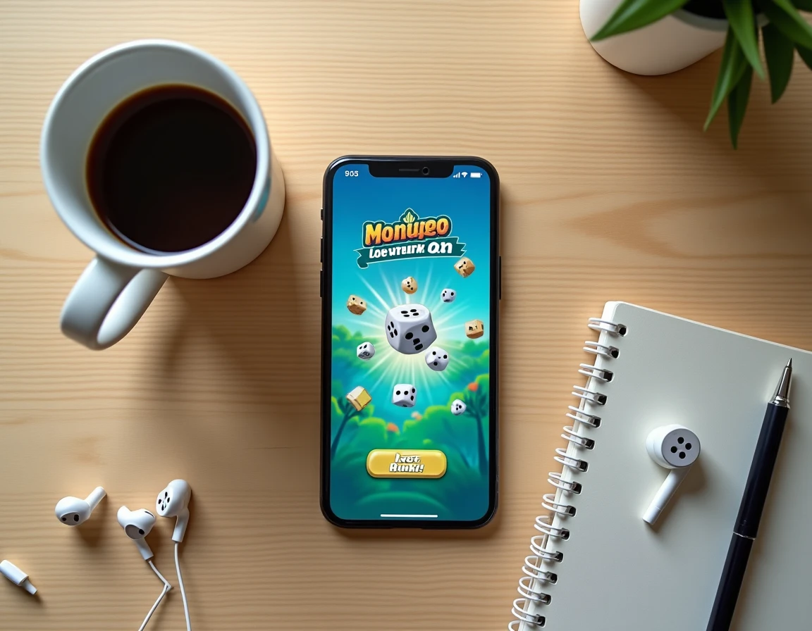 Vue aérienne d'un smartphone affichant l'interface Monopoly GO avec des dés et un lien de récompense sécurisé